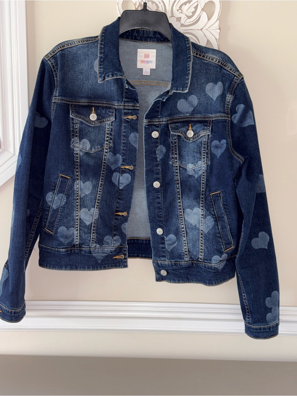 LuLaRoe Dark Blue Denim Jacket with Heart Print